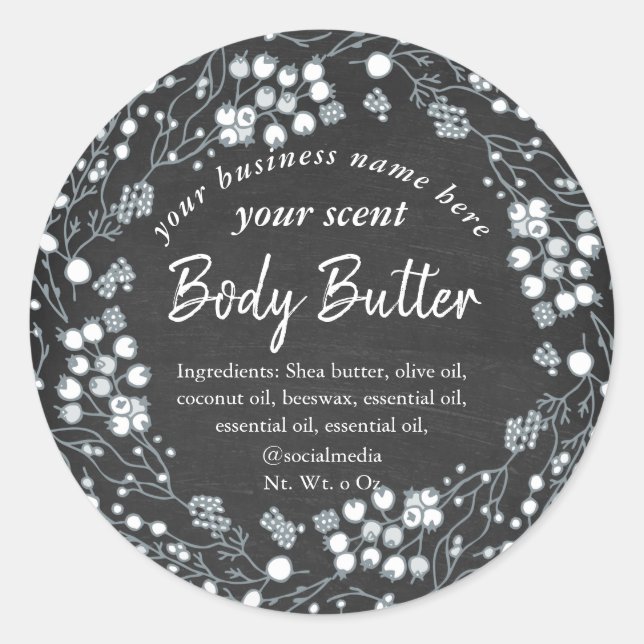 White floral wreath chalkboard body butter classic round sticker (Front)