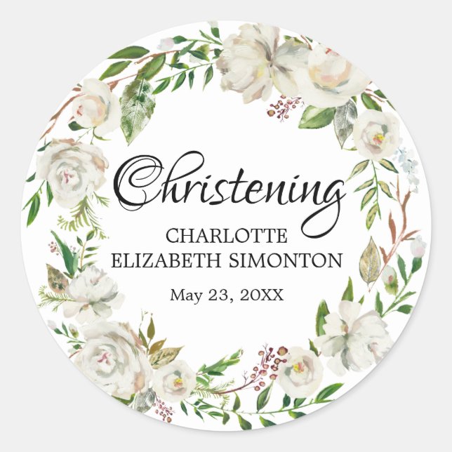 White Floral Wreath Christening Envelope Seal (Front)