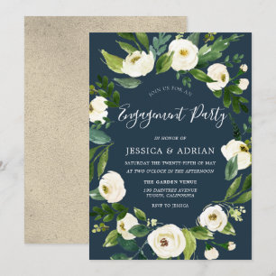 White Floral Wreath Modern Engagement Invitation