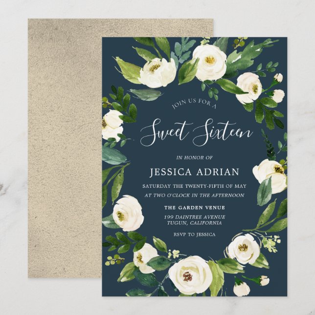 White Floral Wreath Modern Sweet 16 Party Invite (Front/Back)