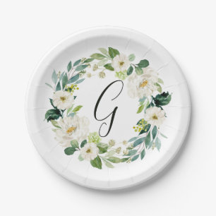 White Floral Wreath Monogram Paper Plate