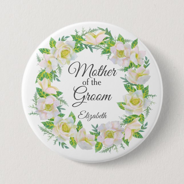 White Floral Wreath Mother of the Groom 3 Inch Round Button (Front)