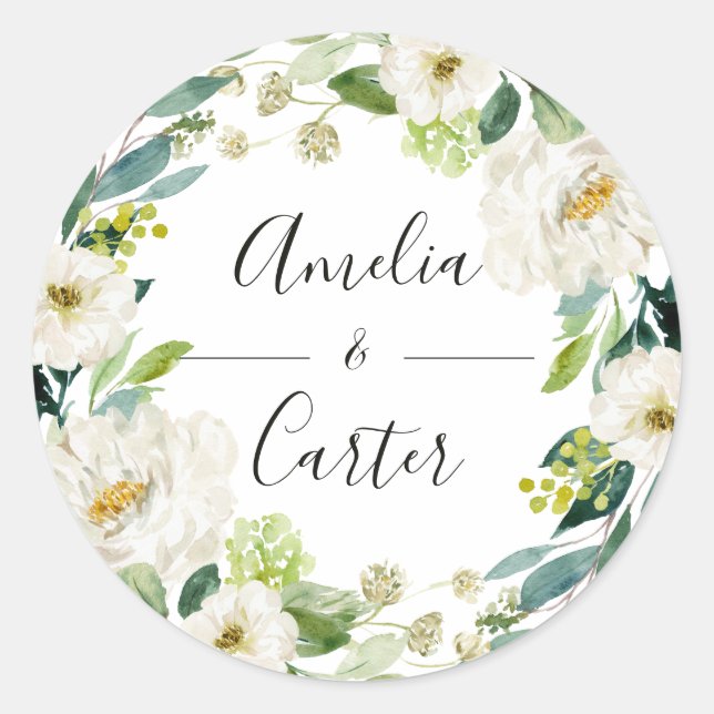 White Floral Wreath Wedding Classic Round Sticker (Front)