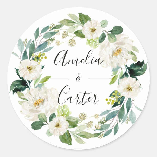 White Floral Wreath Wedding Classic Round Sticker (Front)