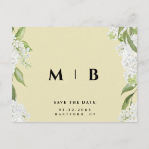 White Floral Yellow Monogram Wedding Save Date Postcard