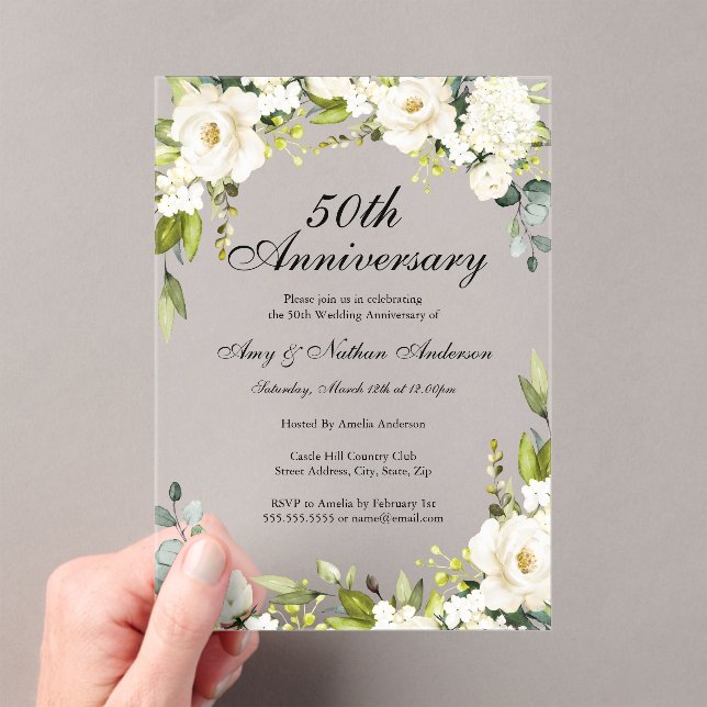 White Florals 50th Wedding Anniversary Acrylic Invitations (Insitu (Handheld))