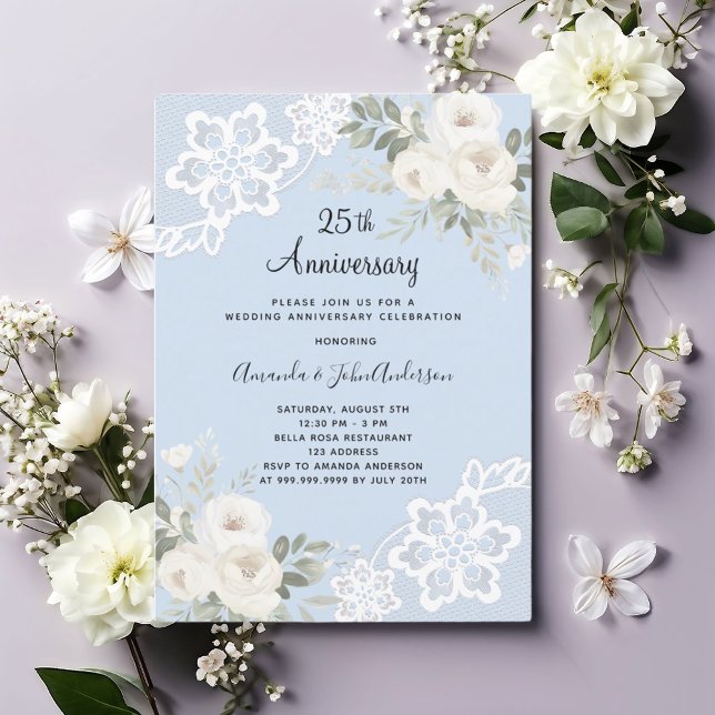 White florals blue 25th wedding anniversary invitation (Creator Uploaded)