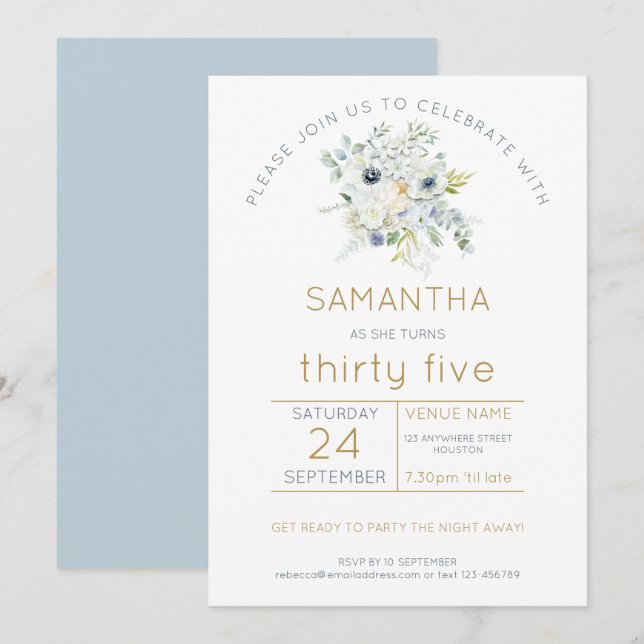 White Florals Eucalyptus 35th Birthday Party Invitation (Front/Back)