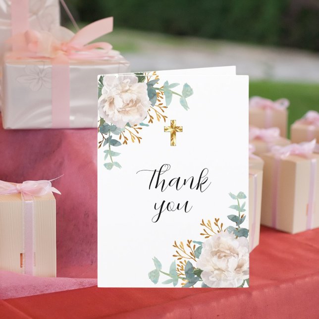White florals eucalyptus cross photo confirmation thank you card (Creator Uploaded)