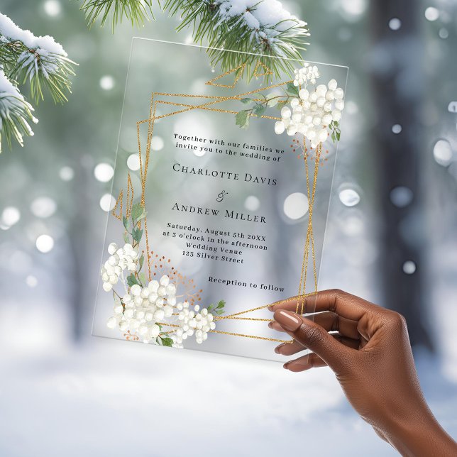White florals gold geometric frame clear wedding acrylic invitations (Creator Uploaded)