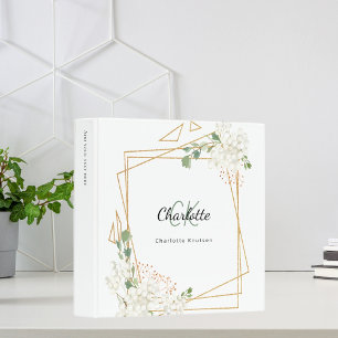 White florals gold geometric frame monogram binder