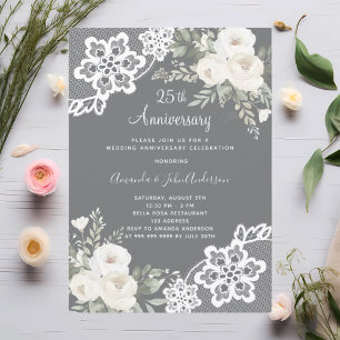 White florals grey 25th wedding anniversary invitation