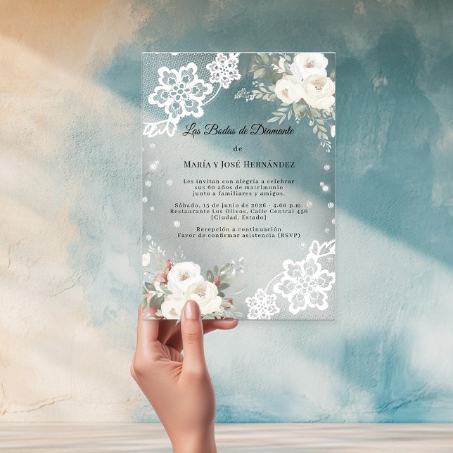  White Florals Invitación Bodas de Diamante Acrylic Invitations (Creator Uploaded)