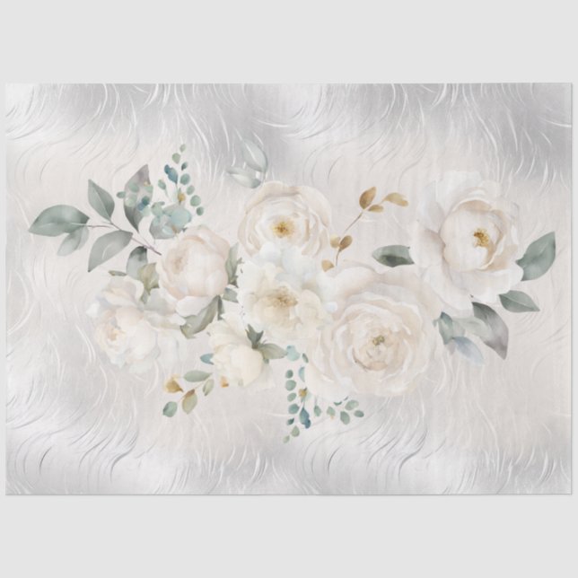 White Florals on Silver Tone Decoupage  Tissue Paper (Front)