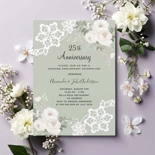 White florals sage green 25th wedding anniversary invitation (Creator Uploaded)