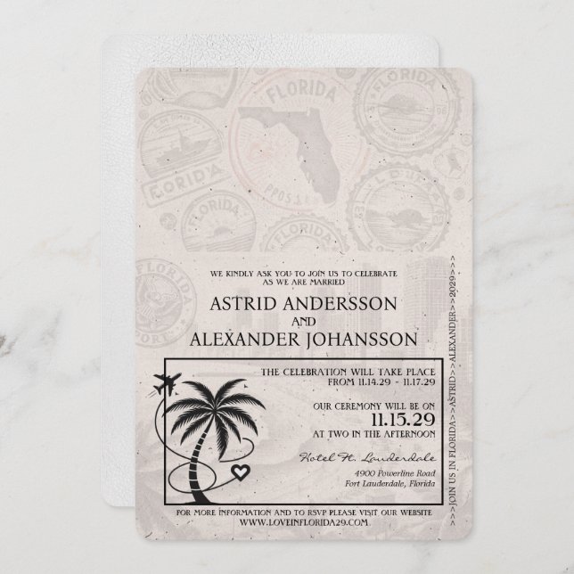 White Florida Passport Wedding Invitation (Front/Back)