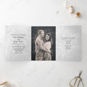 White Flourishes Wedding Tri-Fold Invitation