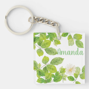 White Flower and Green Leaves Garden Keychain