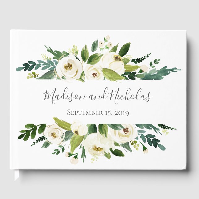 White Flower and Green Wedding Guest Book (Front)
