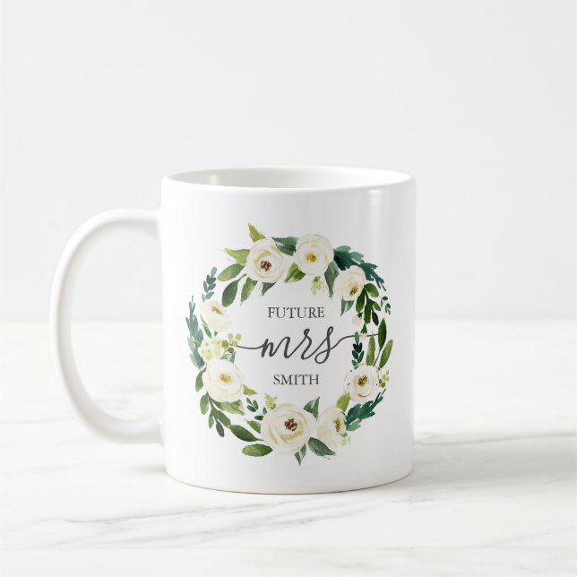 White Flower and Green Wedding Party Mug - Mrs (Left)