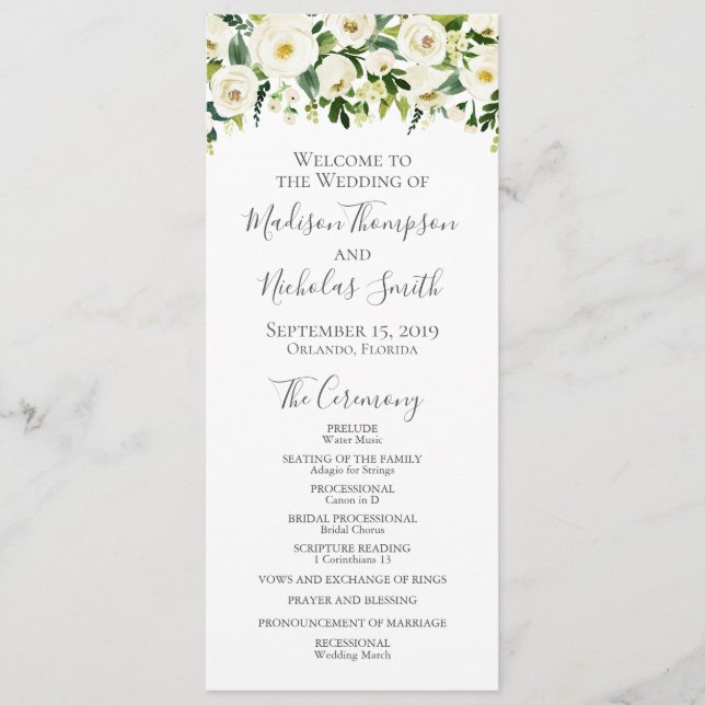 White Flower and Green Wedding Program Cards (Front)