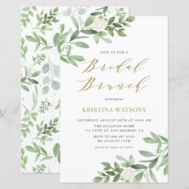 White Flower and Greenery Bridal Brunch Invitation (Front/Back)