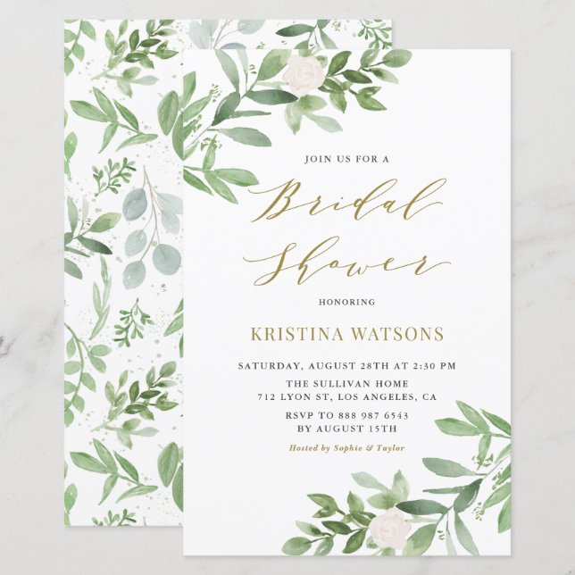White Flower and Greenery Bridal Shower Invitation (Front/Back)