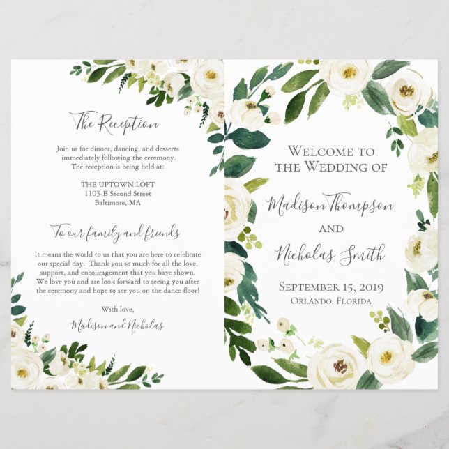 White Flower and Greenery Wedding Program Booklets (Front)