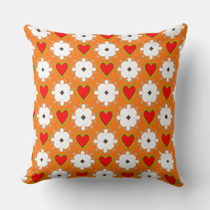 White Flower and Red Heart on Dark Orange Throw Pillow