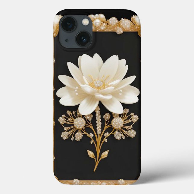 White Flower Artwork with Luxurious Gold Case-Mate iPhone Case (Back)