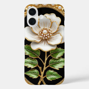 White Flower Artwork with Luxurious Gold iPhone 16 Case