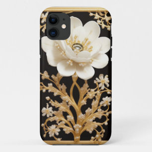 White Flower Artwork with Luxurious Gold iPhone 11 Case