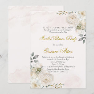 White flower beige Quince invitation in Spanish