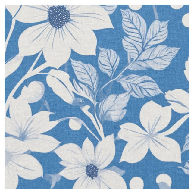 White Flower Blossom Leaves Chic Floral Pattern Fabric (Close Up)