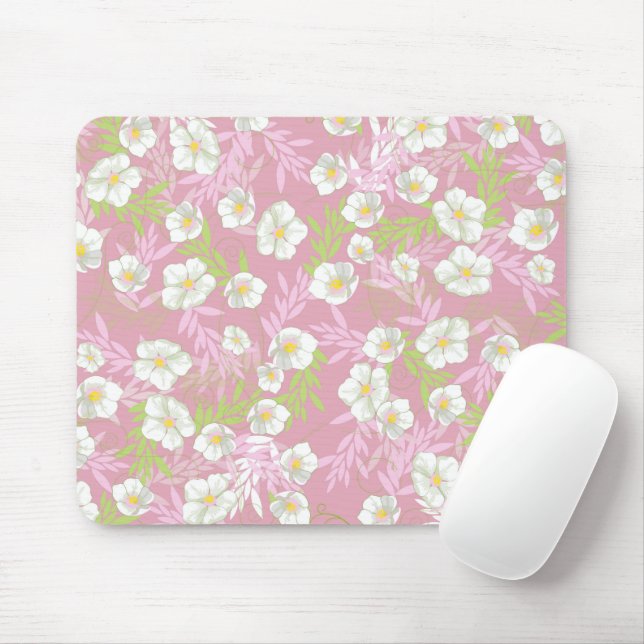White Flower Blue Background Floral Leaves Pattern Mouse Pad (With Mouse)