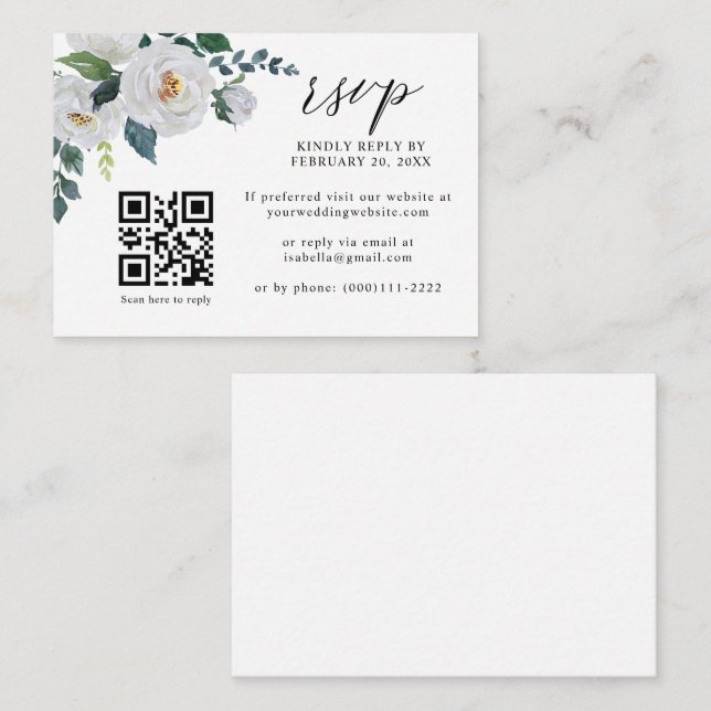 White Flower Botanical Floral QR Code Wedding RSVP Enclosure Card (Front/Back)