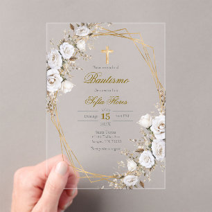White flower bouquet Baptism in Spanish Invitation