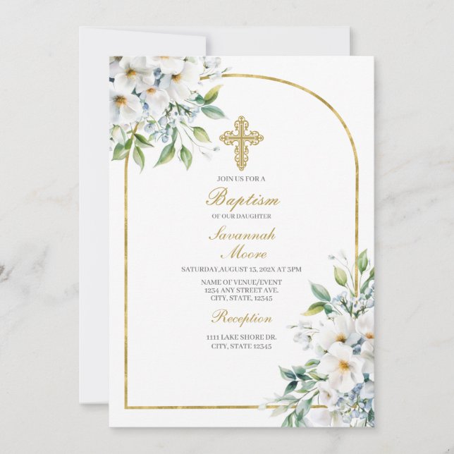 White flower bouquet Baptism Invitation (Front)