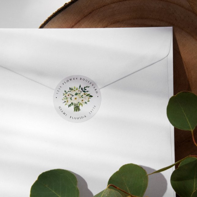 White Flower Bouquet Botanical Return address Classic Round Sticker (Creator Uploaded)
