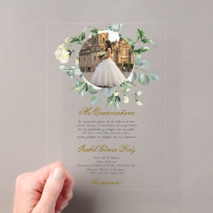 White flower dress Quinceanera with picture Acrylic Invitations