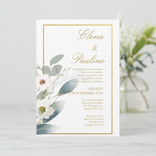 White flower Elegant Wedding Invitation in Spanish (Standing Front)