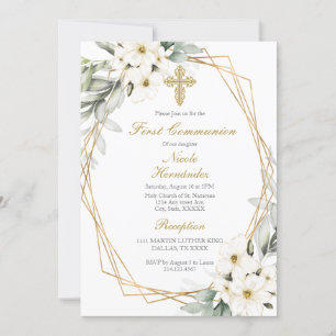 White flower first communion invitation 