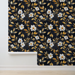 White flower Gold Leaf on Black Wallpaper