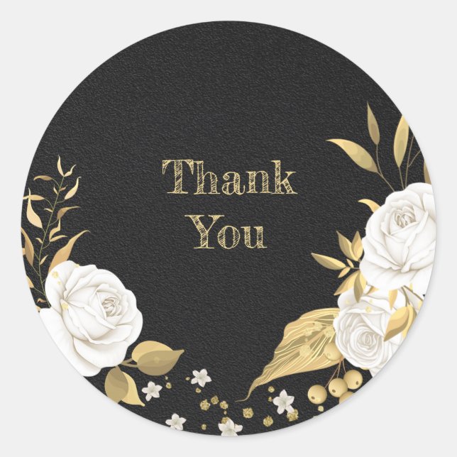 white flower gold leaves black  square sticker (Front)