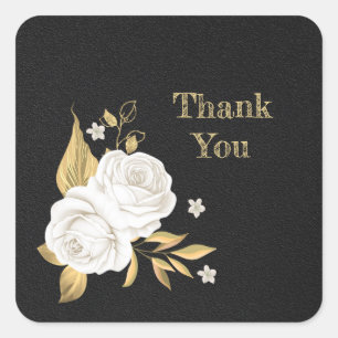 white flower gold leaves black  square sticker