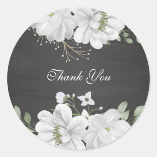 white flower green leaves black  classic round sticker