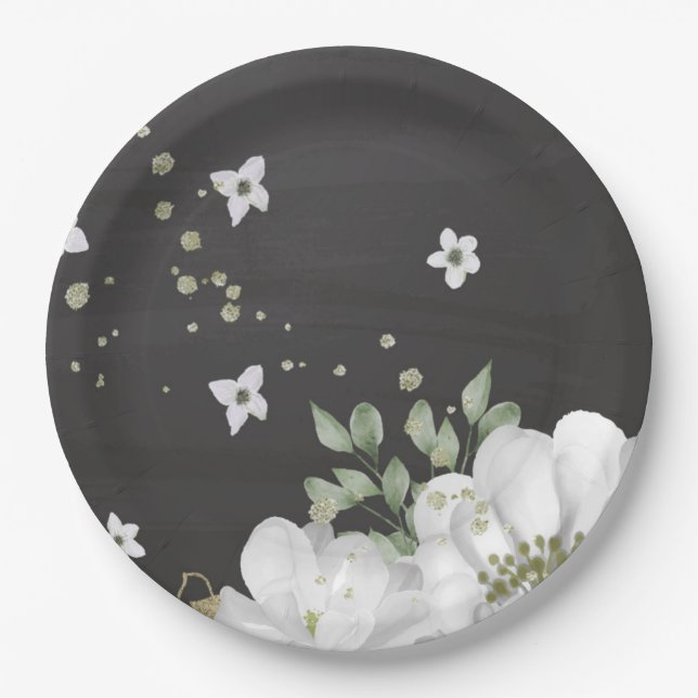 white flower green leaves black paper plate (Front)