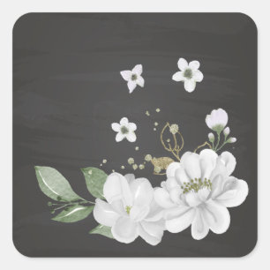 white flower green leaves black square sticker
