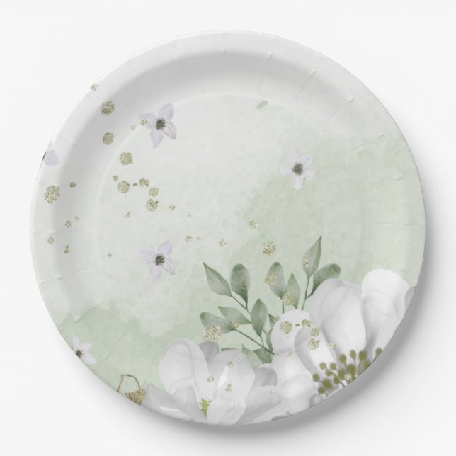 white flower green leaves sage green paper plate (Front)