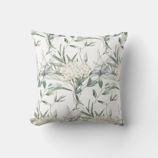 White Flower Green Leaves White Background Pillow (Front)